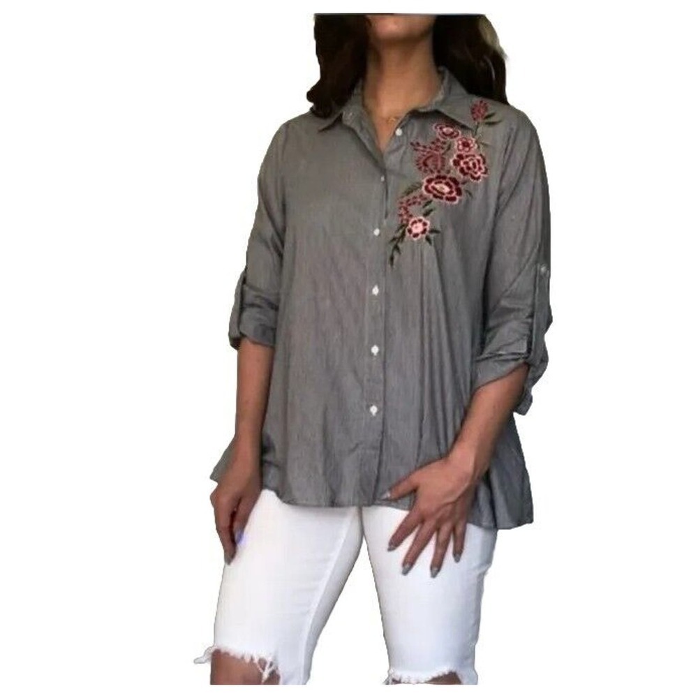 Walter Baker Striped Button Up Blouse Womens XL Floral Applique Black White Top